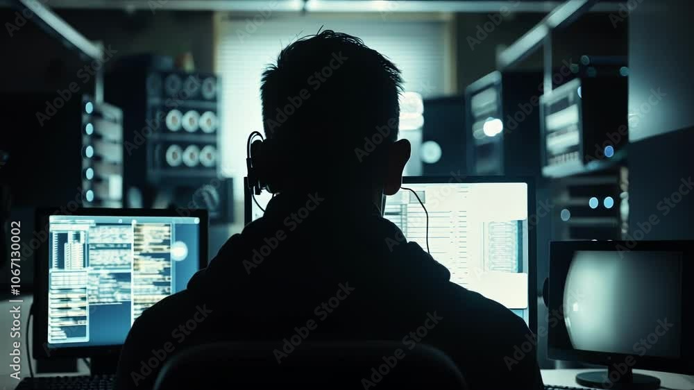 Poster silhouette of a programmer wearing headphones working late at night in a server room, focused on mul