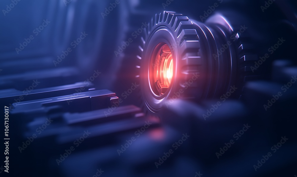 Aufkleber a close-up of a mechanical gear set against a dark background, featuring a glowing red light that hi