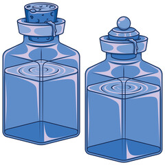 Glass bottle of liquid substances, magic potion containers with cork, Glass bottle with mineral water