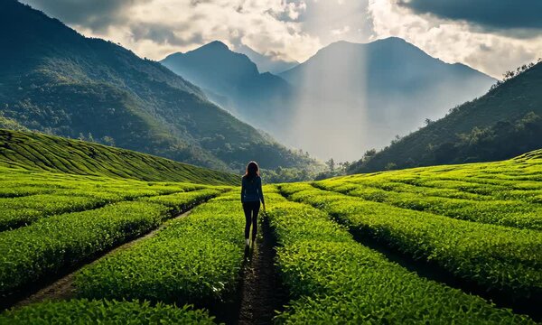A figure standing amidst the expansive Jueyaji tea fields, surrounded by vibrant green tea plants and majestic mountains in the distance. The image conveys a sense of peace and connection to nature.