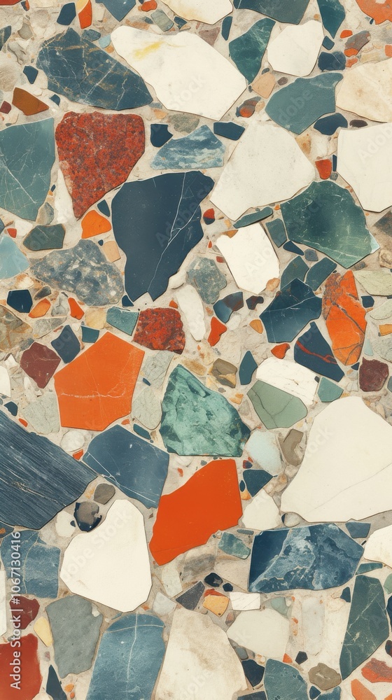 Poster colorful terrazzo pattern featuring an array of stones and fragments in various shapes and shades.