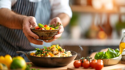 Vibrant Close up of a Bowl of Steaming Udon Noodles with Thick Savory Broth and Fresh Toppings Served in a Vibrant Kitchen Setting