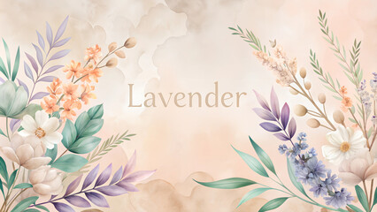 Lavender-themed floral arrangement with pastel leaves and blossoms on watercolor background