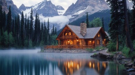 Fototapeta premium Serene Mountain Lake Cabin Misty Evening Log Home