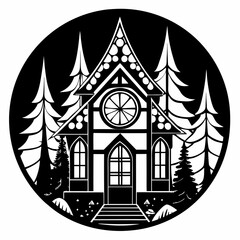 Fototapeta premium Christmas House round sing Black silhouette