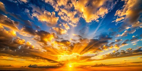 Fototapeta premium Stunning Minimalist Photography of a Vivid Sky at Sunset with Golden Shades and Soft Clouds, Capturing the Serene Beauty of Nature's Evening Palette