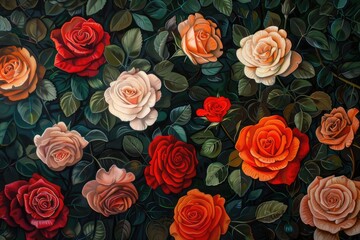 This artwork displays vibrant colored roses on a dark background
