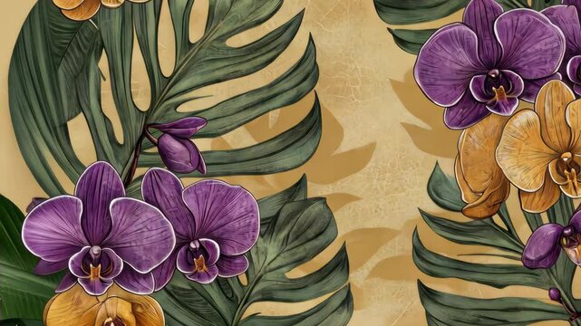 Elegant hand-drawn botanical seamless pattern palm leaves and vibrant orchid flowers. This tropical vintage design is perfect for wallpaper and other decorative applications.