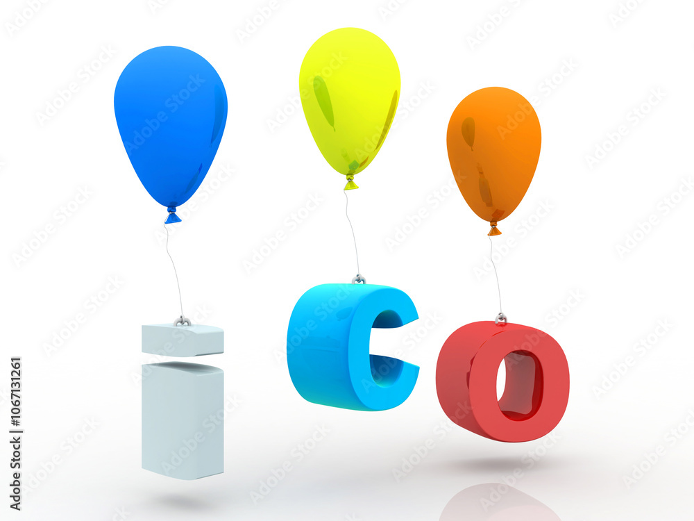 Poster 3d rendering initial coin offering with balloon