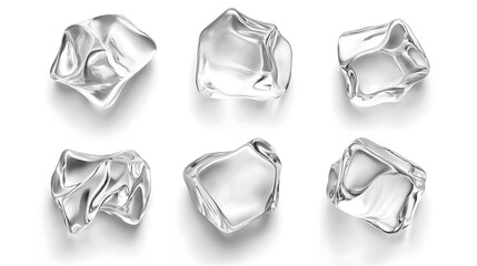 Set of small ice cubes in white background, realistic transparent texture