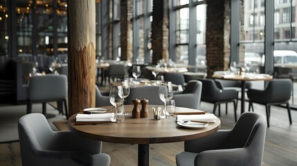 Elegant modern restaurant interior with a wooden table setting featuring a noodle dish served with chopsticks and fresh vegetables on the side creating a refined and inviting dining ambiance