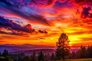 Fototapeta premium Stunning Sunset Over a Serene Landscape with Vibrant Colors of Orange, Pink, and Purple Blending Together as the Day Transitions into Night, Capturing Nature's Beauty and Tranquility