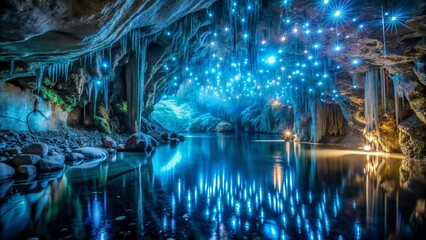 Stunning Waitomo Glowworm Cave in New Zealand: A Magical Display of Nature's Bioluminescence with High Depth of Field Focus on the Enchanting Blue Glow