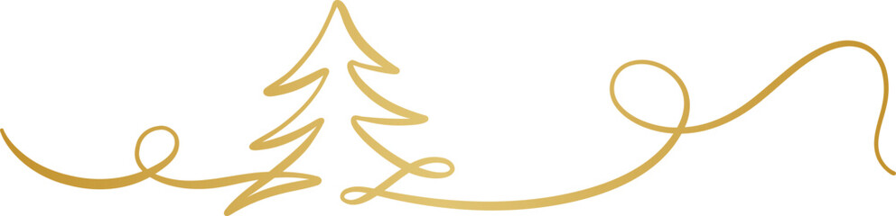 Gold Christmas tree ribbon swirl, pine illustration line art flourish, elegant decorative festive holiday clip art banner design