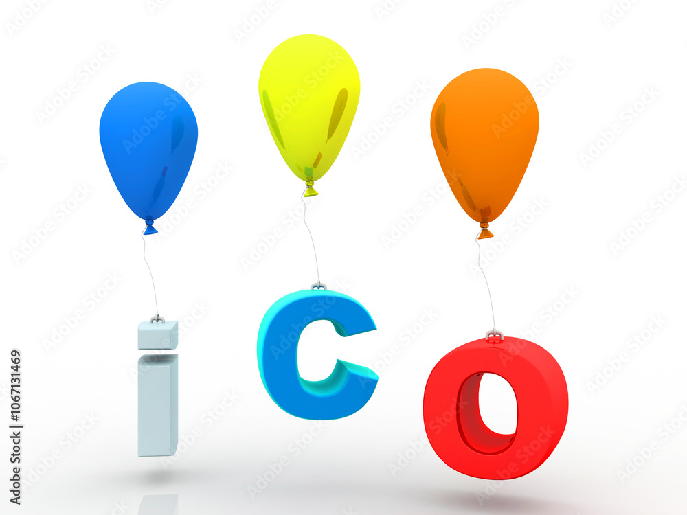 Poster 3d rendering initial coin offering with balloon