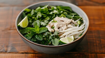 Mouthwatering Asian Style Noodle Dish Served in a Stylish Bowl with Aromatic Chicken Broth Tender Chicken and an Array of Fresh Herbs
