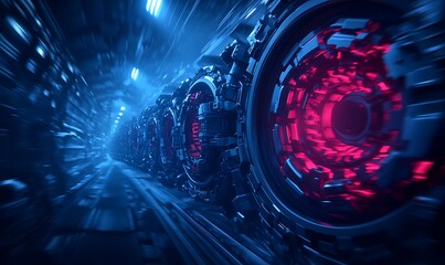 Obraz premium A futuristic tunnel featuring vibrant blue lighting and intricate machinery with glowing red elements, creating a sci-fi atmosphere.
