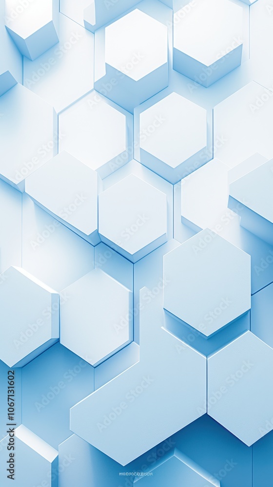Poster a visually striking abstract pattern featuring interlocking hexagons in soft blue tones, creating a 