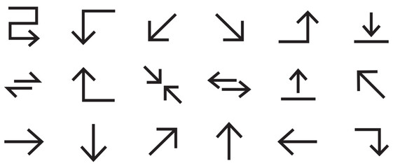 Line Arrow vector icon set. Set of arrow design, button, next, play, fast. Vector thin line right arrow, minimize, turn right, diagonal arrow. Vector illustration.