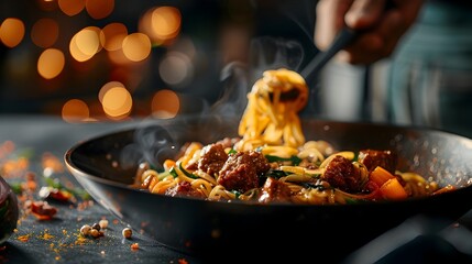 Savory noodle dish with an array of fresh vegetables and aromatic spices being tossed and simmered in a wok in a modern well lit kitchen setting  The steaming