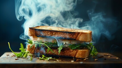 Hot grilled sandwich with steam and fresh greens