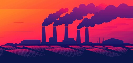 Fototapeta premium Factories burning coal with dark emissions, contrasted with a nearby solar energy farm