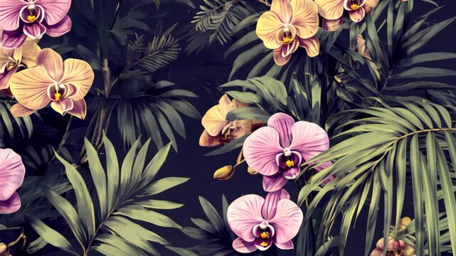 Charming tropical seamless pattern with vintage-inspired palm leaves and orchids, beautifully illustrated. Ideal for exotic jungle-themed wallpapers and textile designs.
