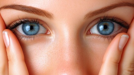 Naklejka premium Close up of Woman s Beautiful Blue Eyes Skin and Hands