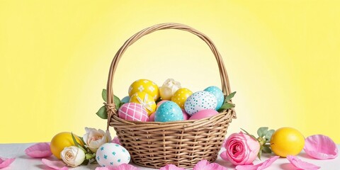 A basket full of Easter eggs in different colors is on a table. Easter HD wallpaper.