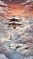 Fototapeta premium Traditional japanese vivid snowing landscape architecture tradition building.