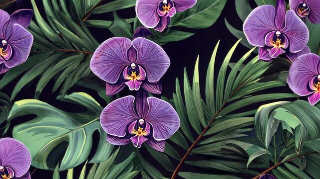 Elegant hand-drawn botanical seamless pattern palm leaves and vibrant orchid flowers. This tropical vintage design is perfect for wallpaper and other decorative applications.
