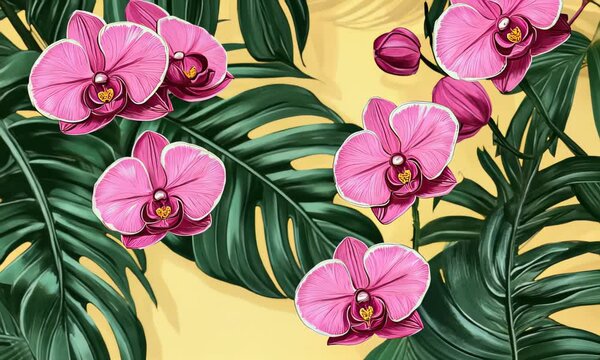 Elegant hand-drawn botanical seamless pattern palm leaves and vibrant orchid flowers. This tropical vintage design is perfect for wallpaper and other decorative applications.