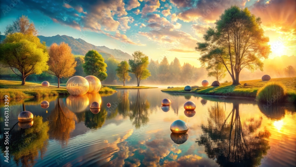 Aufkleber surreal scene of sunlight filtering through an ethereal landscape on a tranquil day with dreamlike e