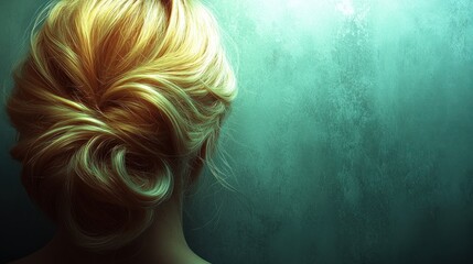 Naklejka premium Back view of a woman with blonde hair styled in a messy bun.