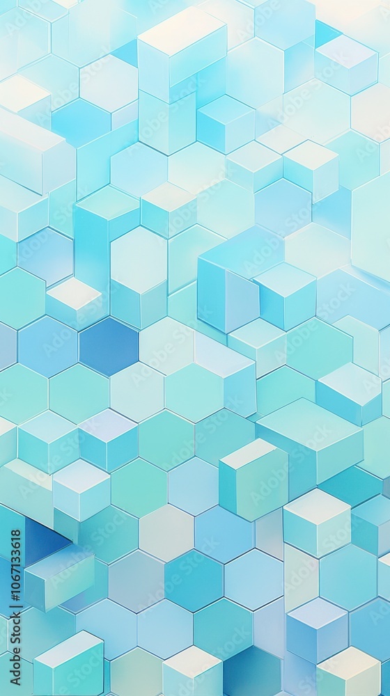 Poster a mesmerizing arrangement of light blue hexagonal and cubic shapes creating a sense of depth and dim