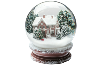 A classic snow globe depicting a cozy house surrounded by snowy trees, evoking a festive winter atmosphere.