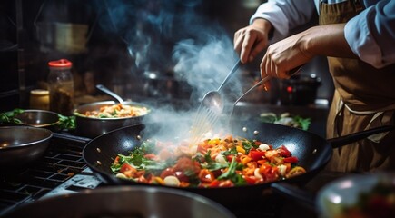 close up of chef cooking in the kitchen, delicious foods in the kitchen