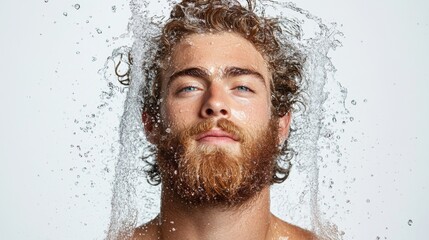 Man with beard water splash clean skin freshness shower hair beauty male grooming redhead facial
