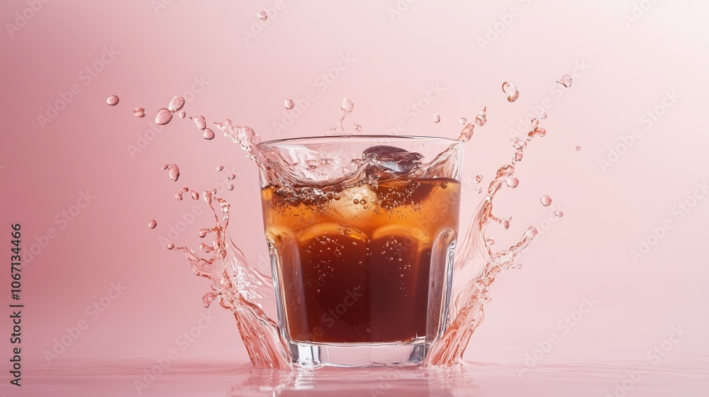 Poster a glass of soda splashes onto a surface creating droplets against a pink backdrop in a refreshing su