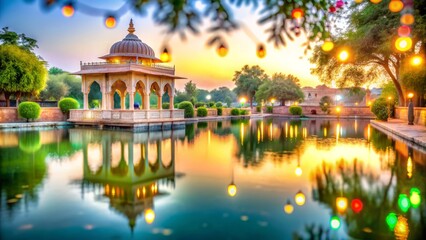 Fototapeta premium Tranquil Holy Pond Surrounded by Lush Greenery in Rural North Punjab with Enchanting Bokeh Effect Creating a Dreamy Atmosphere for Peaceful Reflection and Serenity