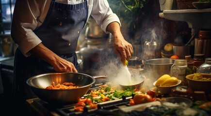 close up of chef cooking in the kitchen, delicious foods in the kitchen