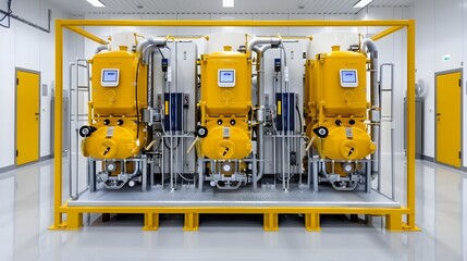 Fototapeta premium Renewable Energy Powered Hydrogen Production Plant Featuring Advanced Machinery and Equipment Set in a Vibrant Modern Industrial Landscape