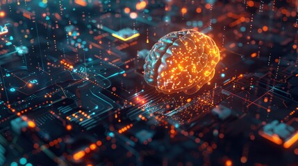 Futuristic digital brain interface on circuit board visualizing ai technology and innovation