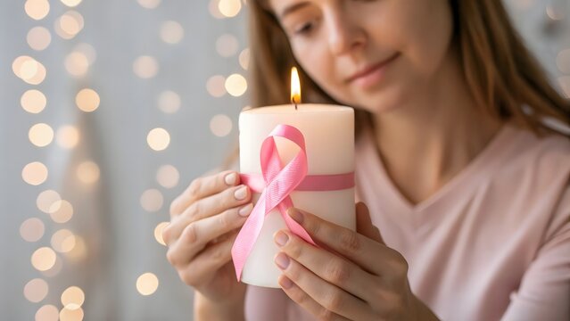 A female supporter holding a candle with a cancer ribbon and delicate bokeh lights in the background.