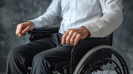 Obraz premium Close-up of a man in a wheelchair on a gray background