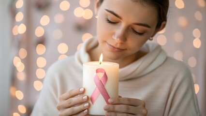 A female supporter holding a candle with a cancer ribbon and delicate bokeh lights in the background.