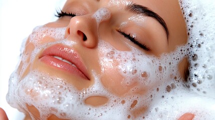 Fototapeta premium Close up Woman Face Wash Foam Bubbles Skincare Beauty Clean