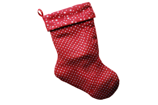 A festive red stocking with white polka dots, perfect for holiday decorations and gift-giving, against a transparent background.