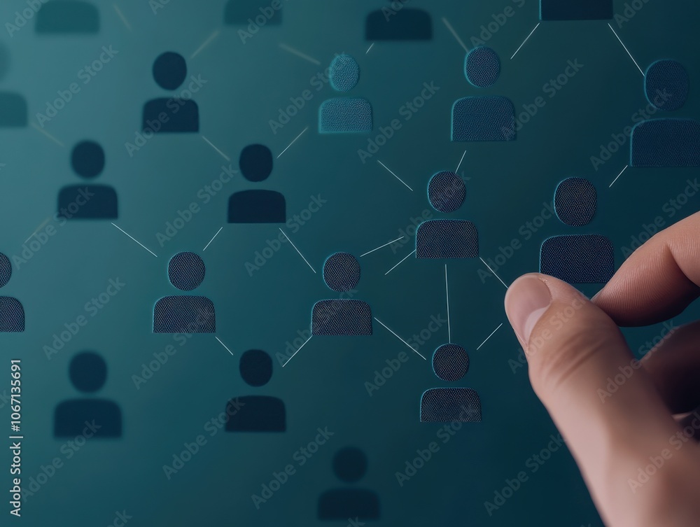 Poster a hand interacts with a digital network of connected people, symbolizing relationships and communica