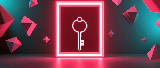 A neonlit digital key, surrounded by floating geometric shapes, fitting into a futuristic virtual lock, Digital Key, virtual lock, neon tech